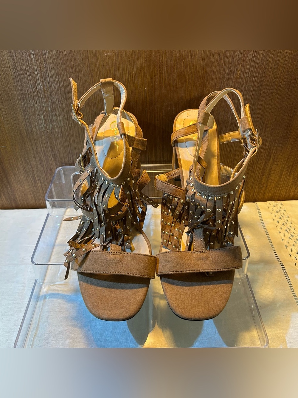 Comfort View Boho Fringe Studded Block Heel Sandals - Size 9